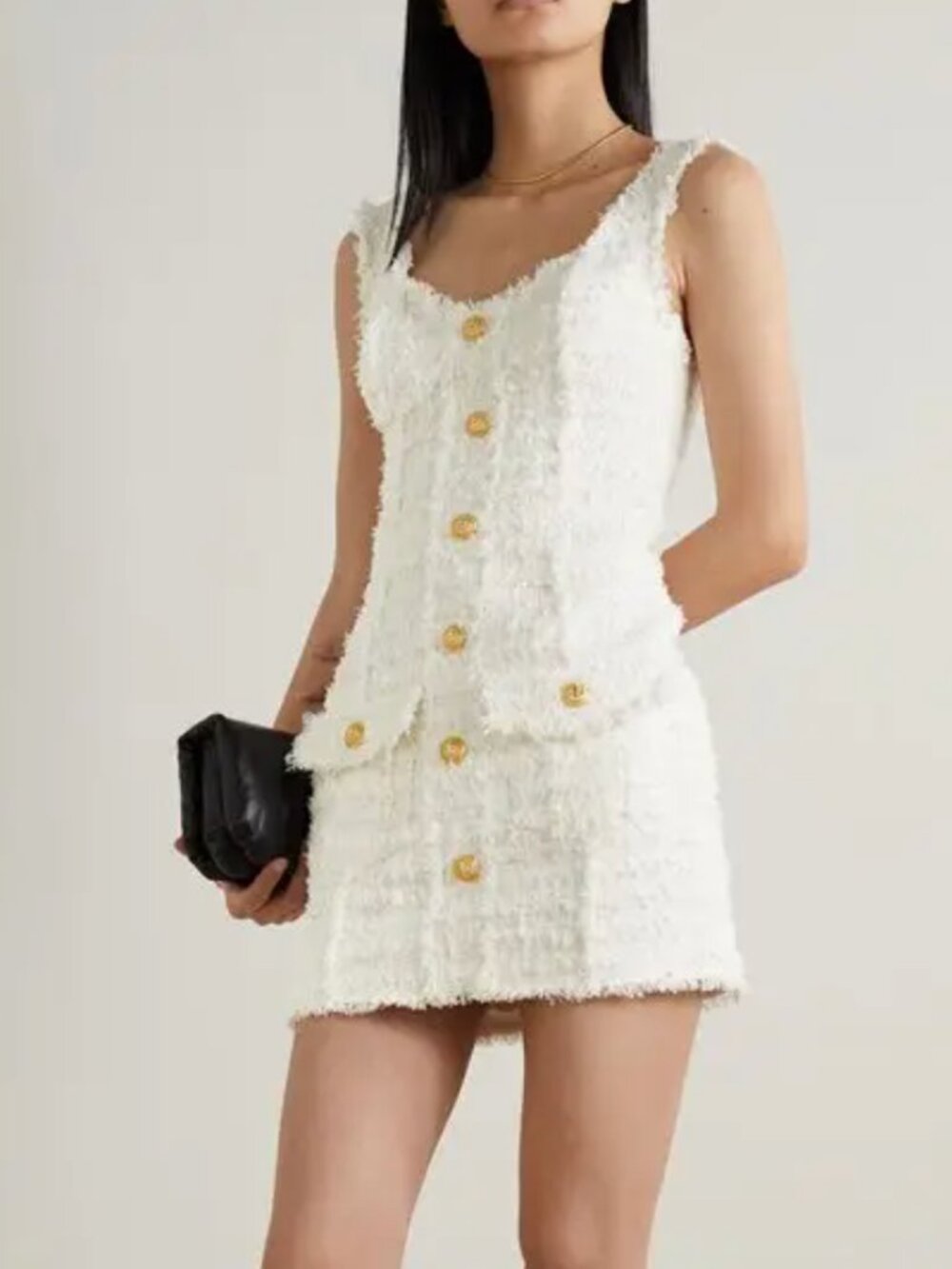 Balmain button-embellished metallic cotton-blend bouclé mini dress